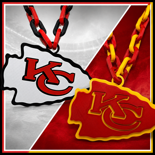Two Kansas City Chiefs themed necklaces shown in a split design: one with a white and black Chiefs logo pendant on a silver-toned background with red and black links, and the other with a red and yellow Chiefs logo pendant on a red background with red and yellow links.