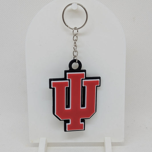 Indiana Keychain with red and black logo on a white background