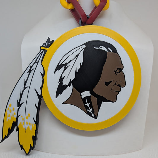 Redskins Logo with a stylized face and feathers on a white background