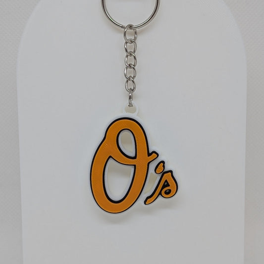 Keychain with 'O's' logo on a white stand