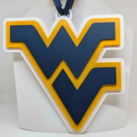 A West Virginia University 'W' keychain or charm featuring a navy blue and yellow logo with a white border, attached to a white plastic loop and yellow-and-navy chain, shown against a plain white background.